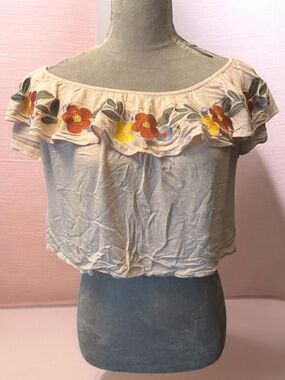 Blush Cream Off-Shoulder Floral Ruffle Crop Top